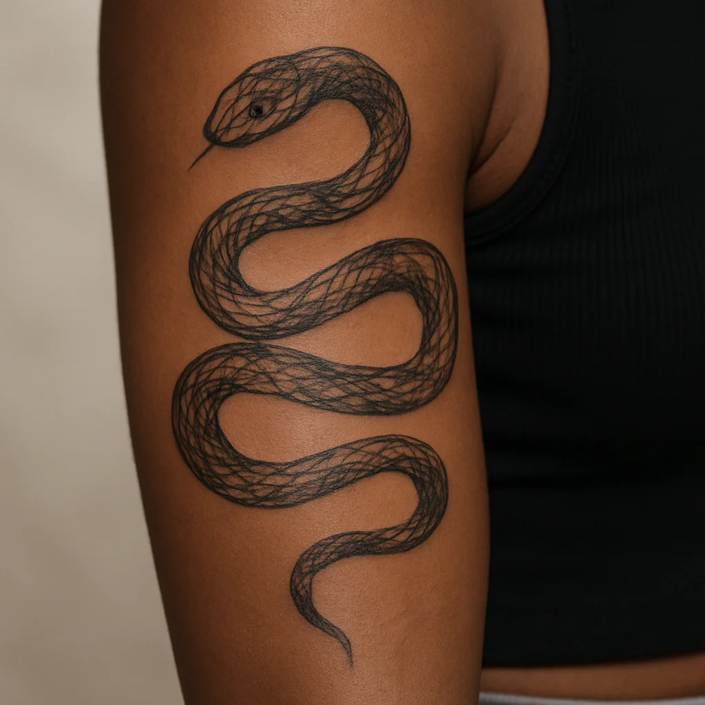 Illustrative snake spiralling around a woman's upper arm with head on the bicep