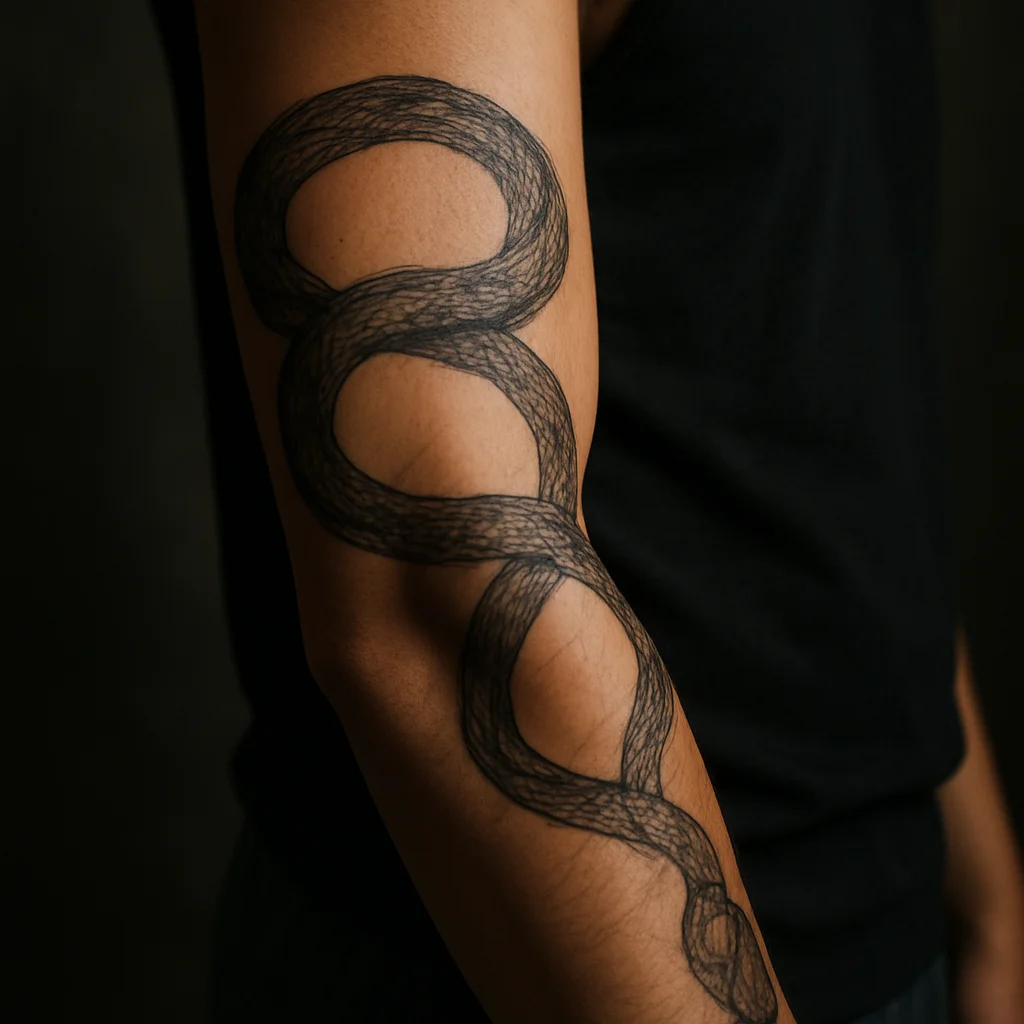 Illustrative snake spiralling around the forearm with its head resting near the wrist