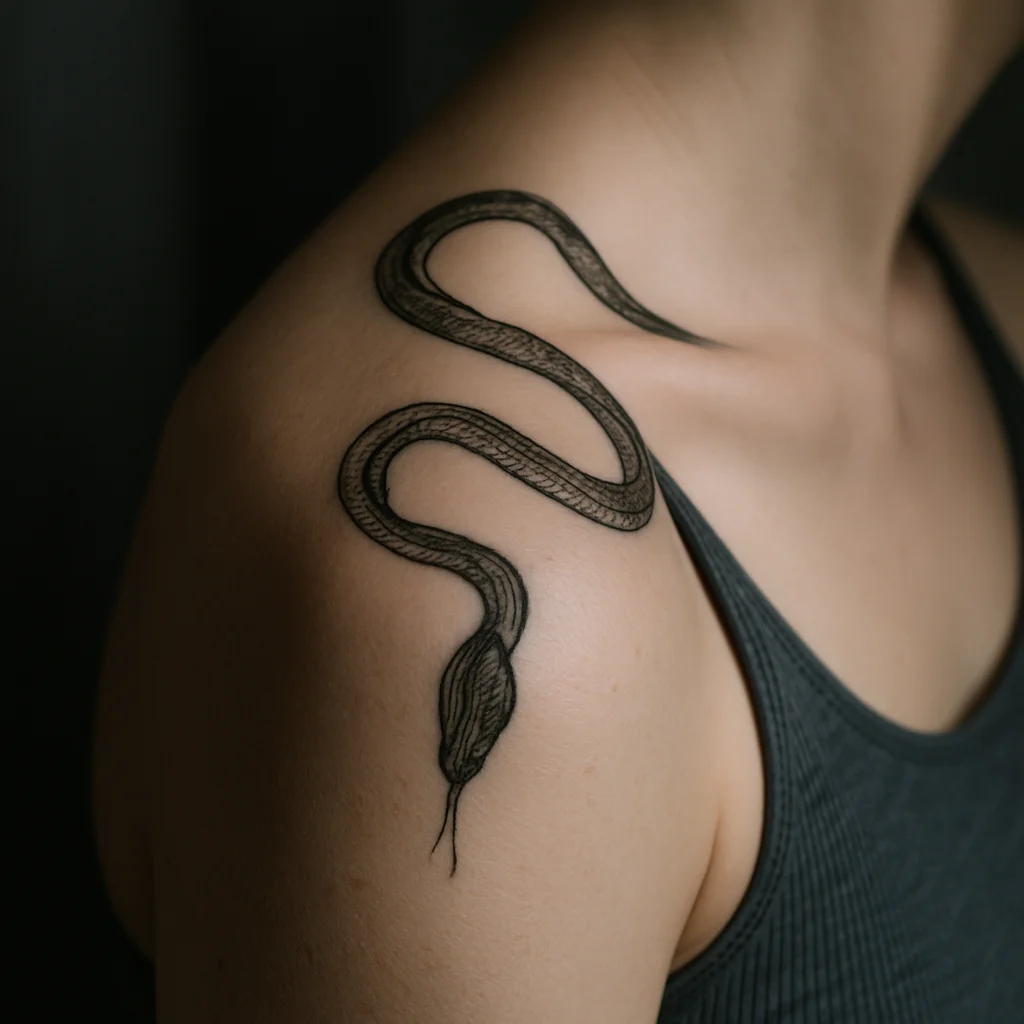 Illustrative snake tattoo coiling from the shoulder blade over the shoulder
