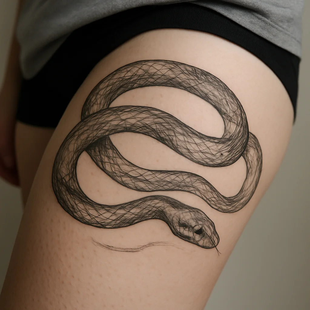 Illustrative snake tattoo coiling the whole thigh with head resting on the inner side