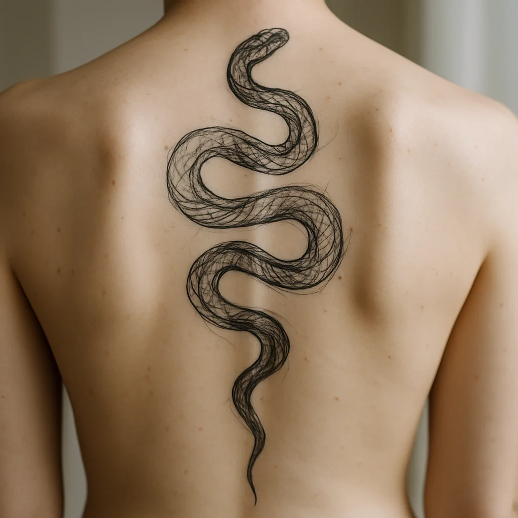 Illustrative snake tattoo winding down the spine from nape to waist