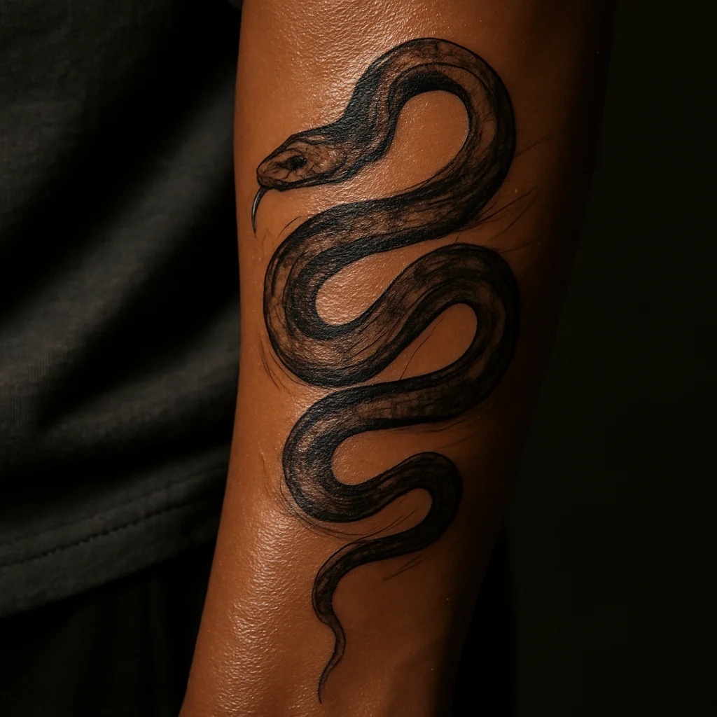 Illustrative snake tattoo wrapping the outer forearm just after second skin removal during healing