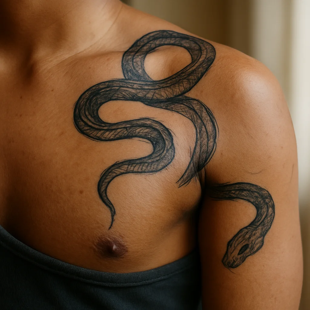 Illustrative snake wrapping the whole shoulder joint from chest to triceps