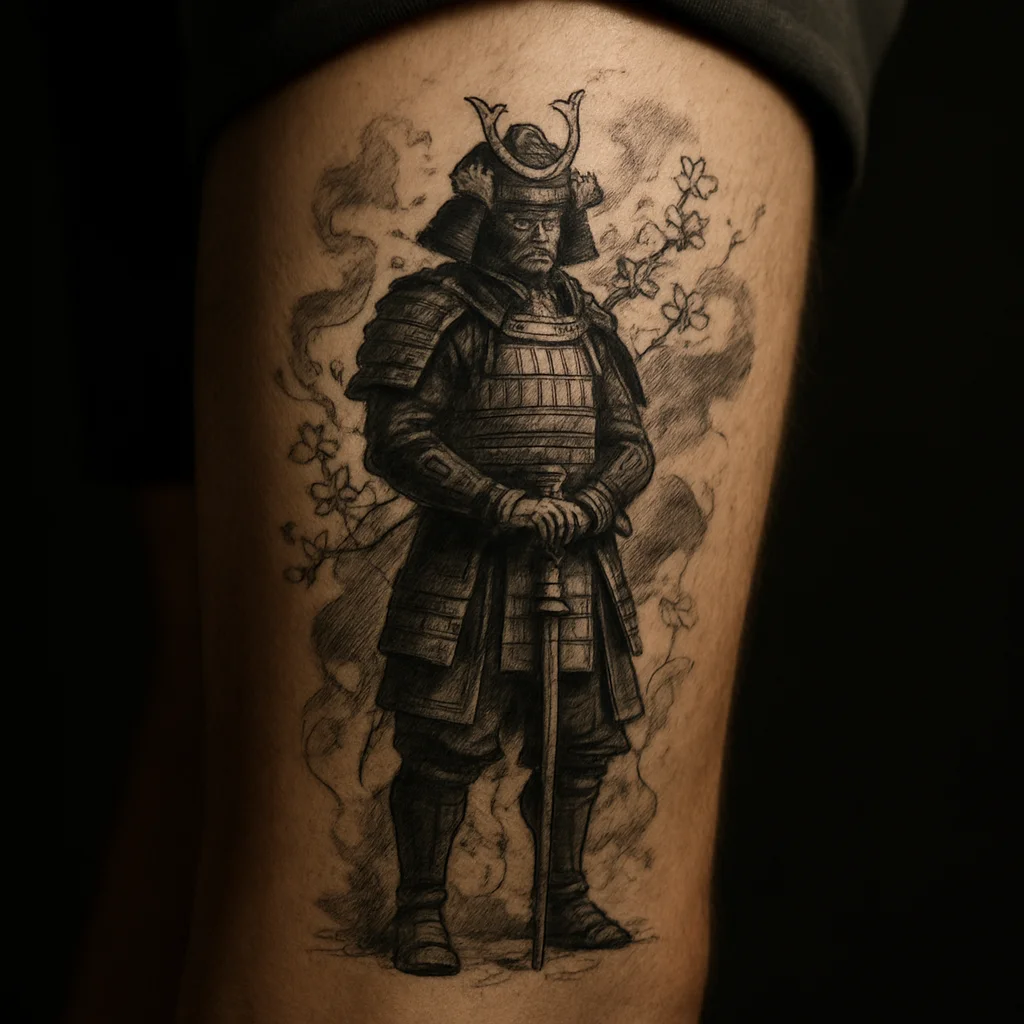 Illustrative standing samurai tattoo filling the length of a man's calf