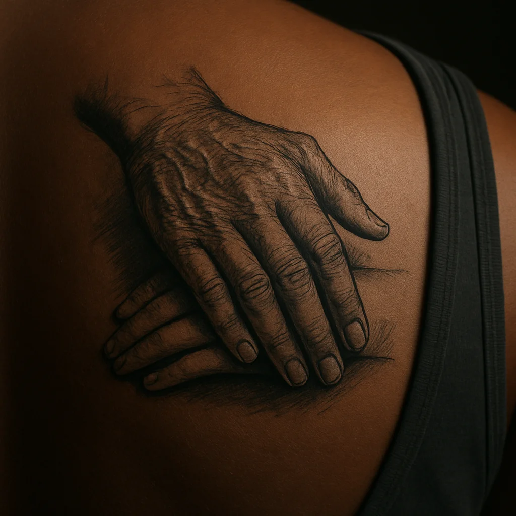 Illustrative tattoo of a father's hand over his child's hand on the upper back