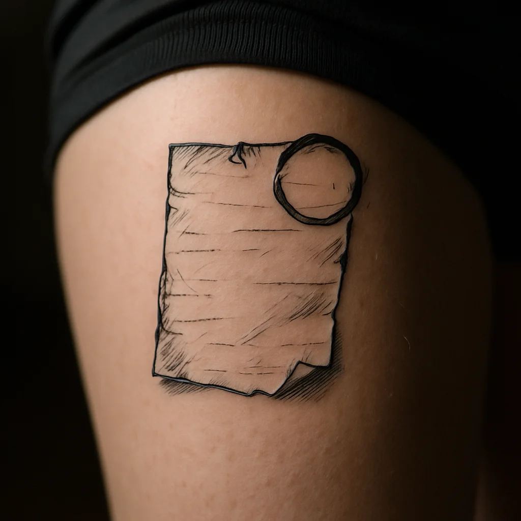 Illustrative tattoo of a handwritten note on torn paper with a coffee ring on the thigh