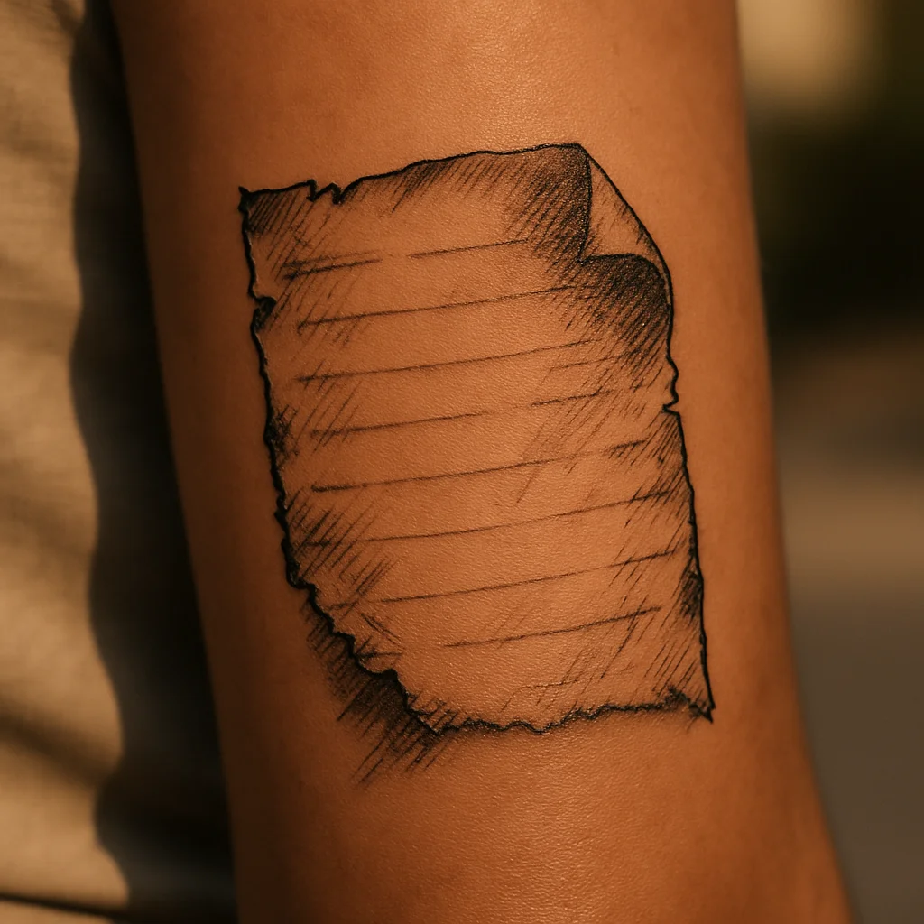 Illustrative torn handwritten note tattoo with curled corner on the outer forearm