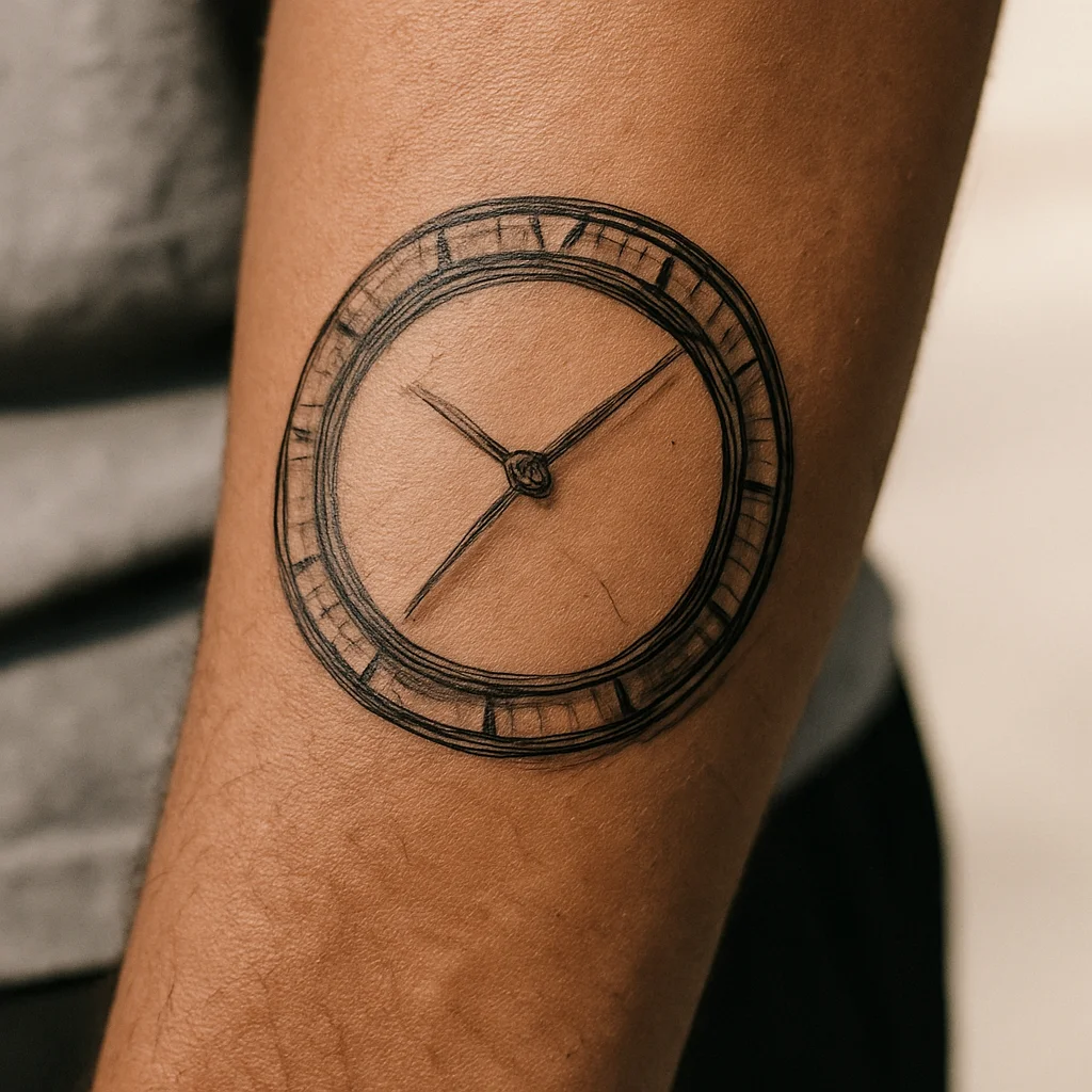 Illustrative watch face outline tattoo where a watch would sit on the wrist