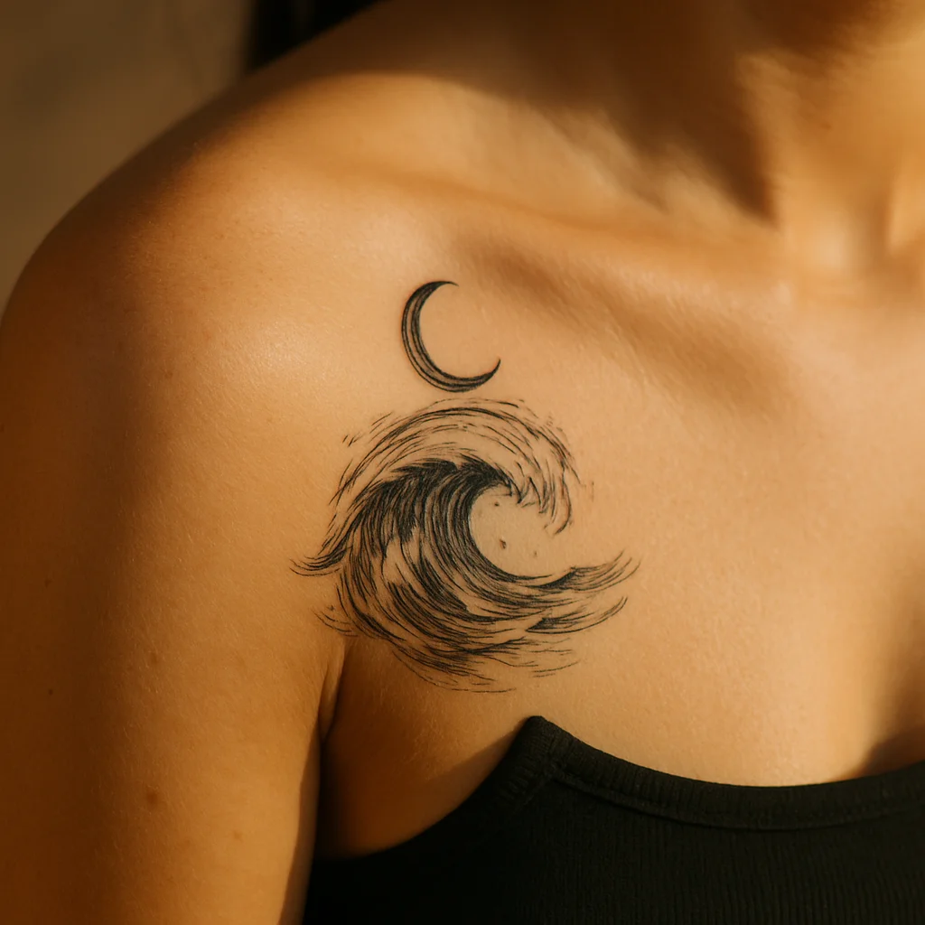 Illustrative wave curling under a crescent moon tattooed on a woman's shoulder cap