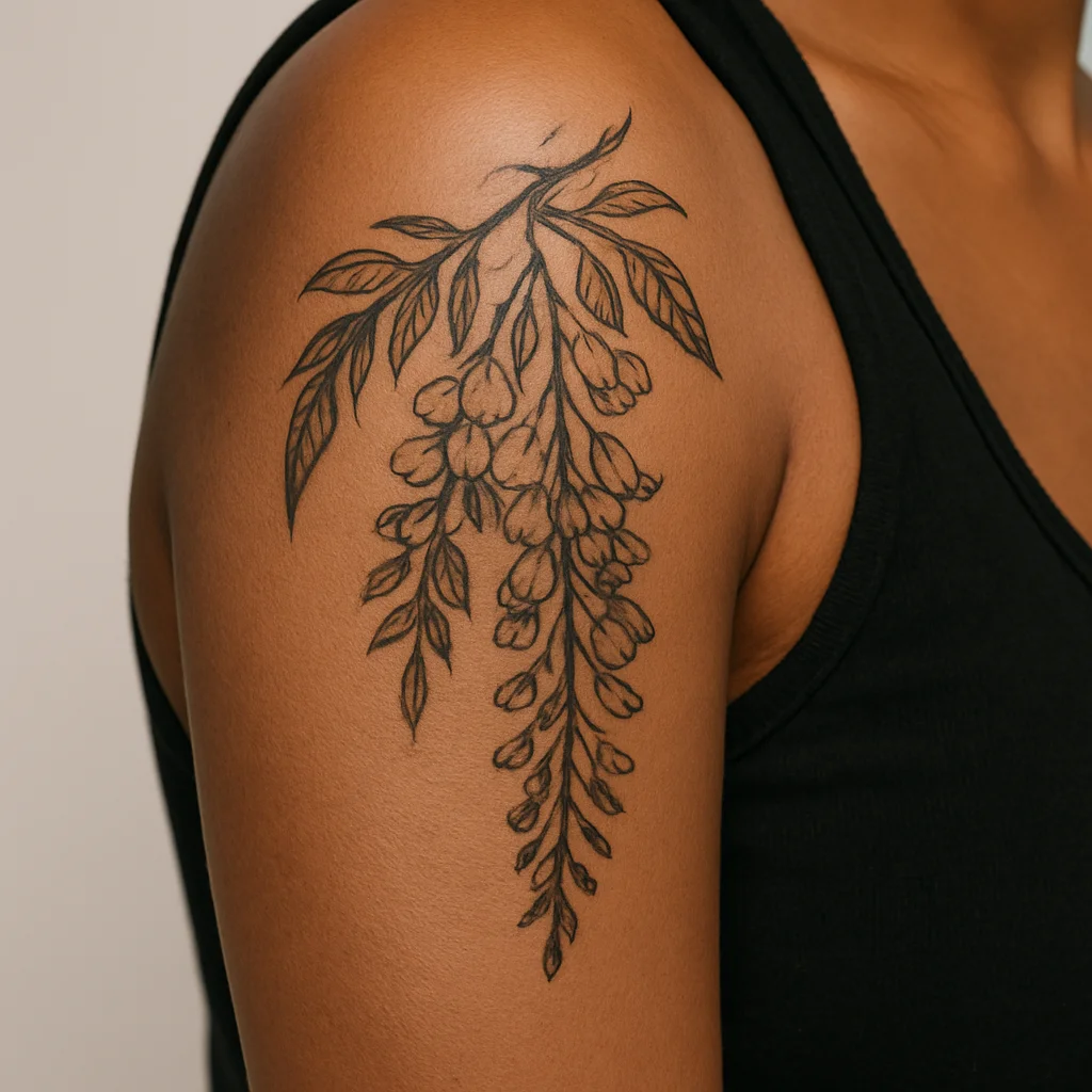 Illustrative wisteria tattoo draping from shoulder down the upper arm with hanging blooms