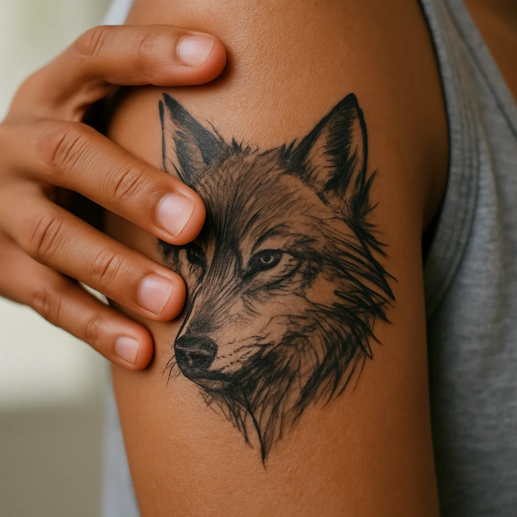 Illustrative wolf head tattoo on the upper arm looking tender and inflamed during healing