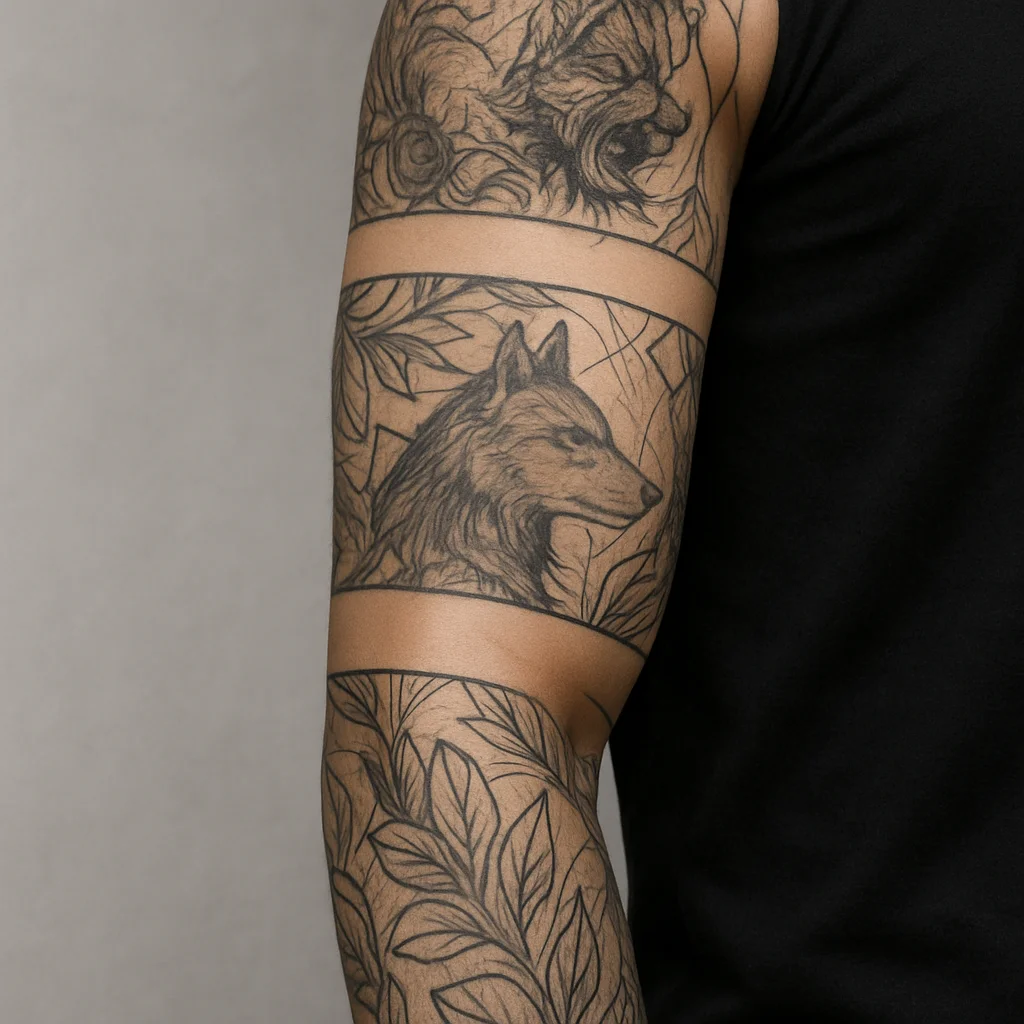 In-progress illustrative full sleeve tattoo with healed sections and reserved bare skin, shoulder to wrist