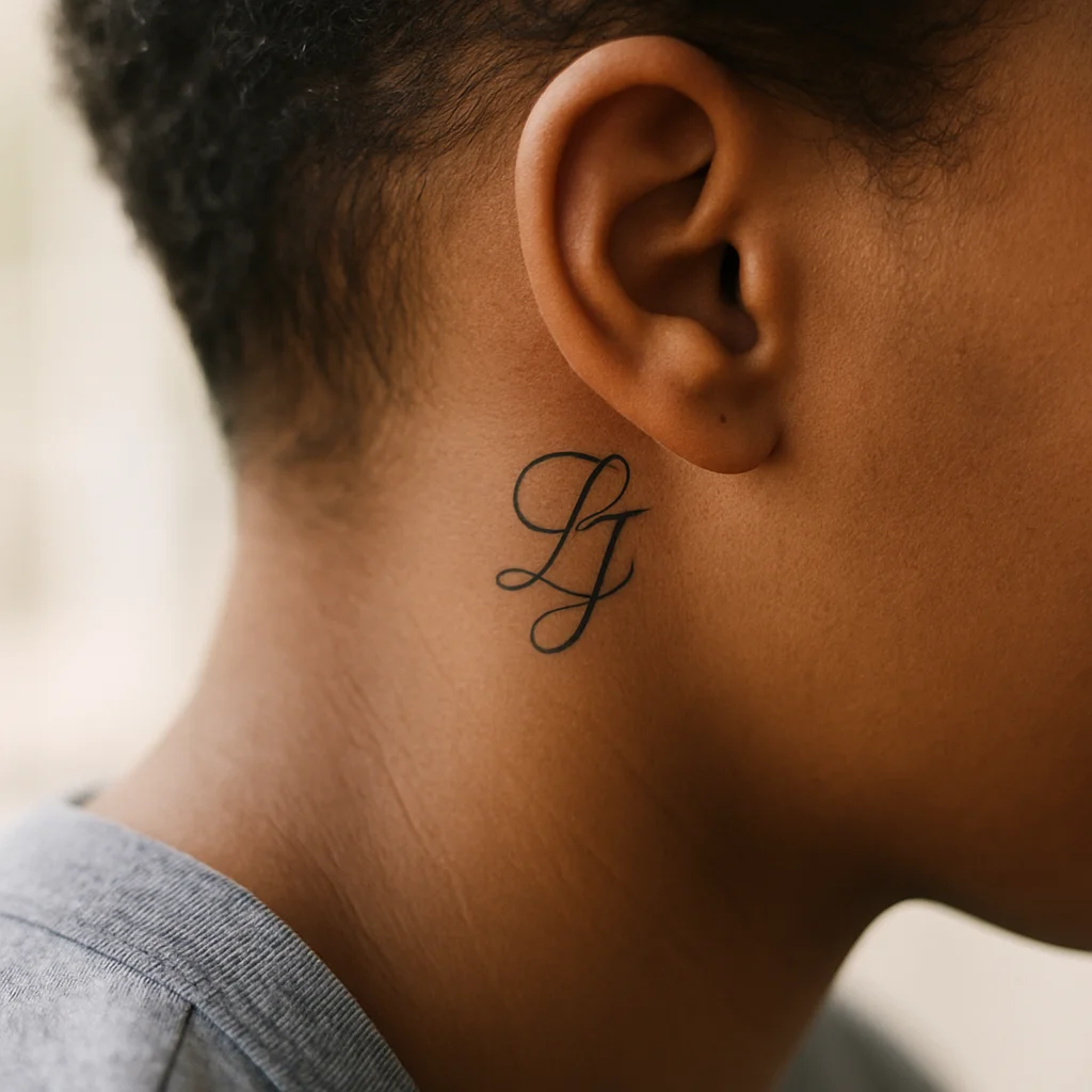Interlocked initials monogram tattooed behind the ear in fine line
