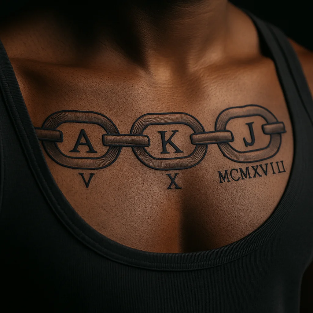 Interlocking rings across the chest with children's initials and Roman numeral years