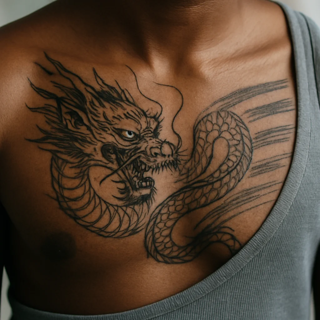 Japanese dragon chest plate tattoo with wind bars spanning both pecs