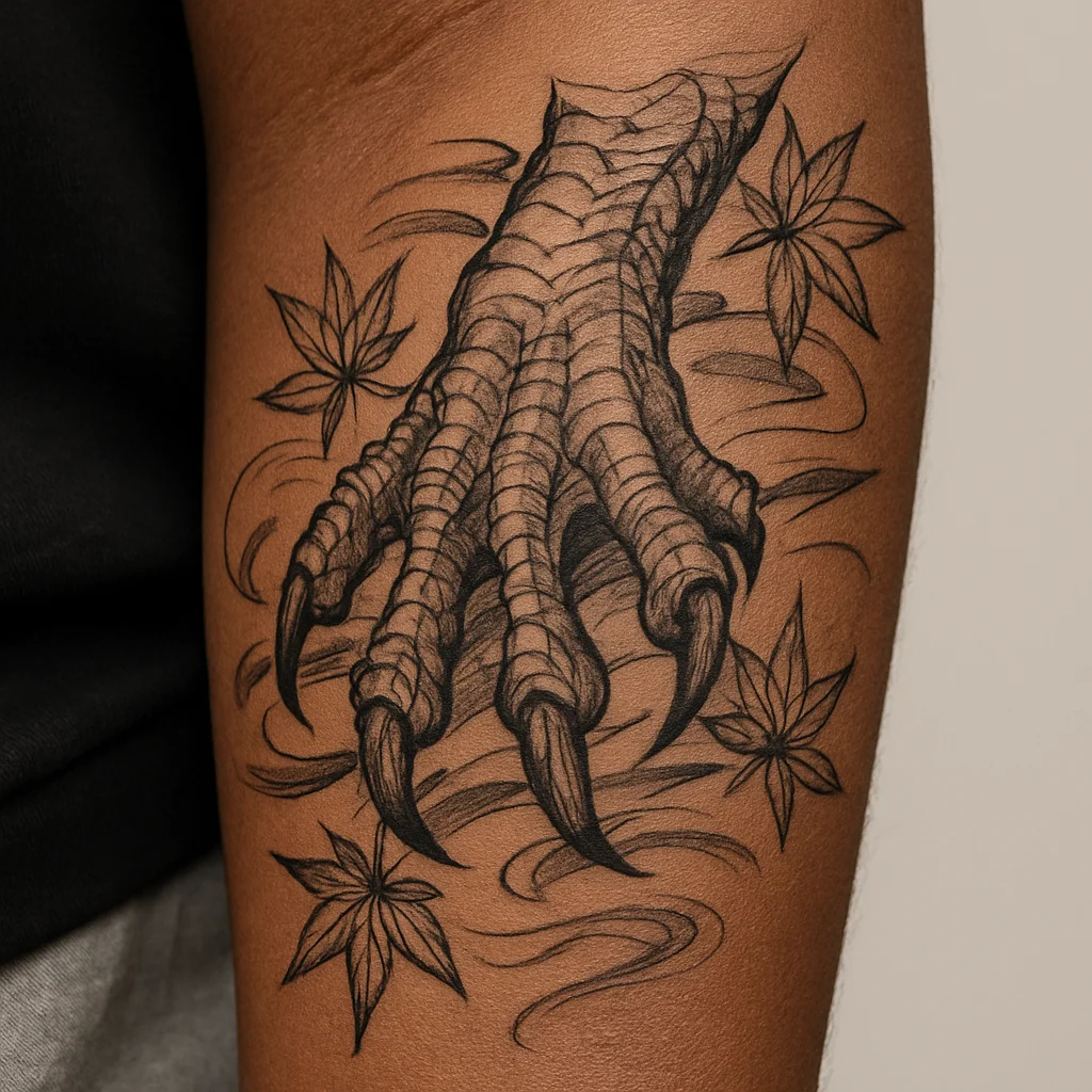 Japanese dragon claw with maple leaves and wind bars covering a man's outer forearm