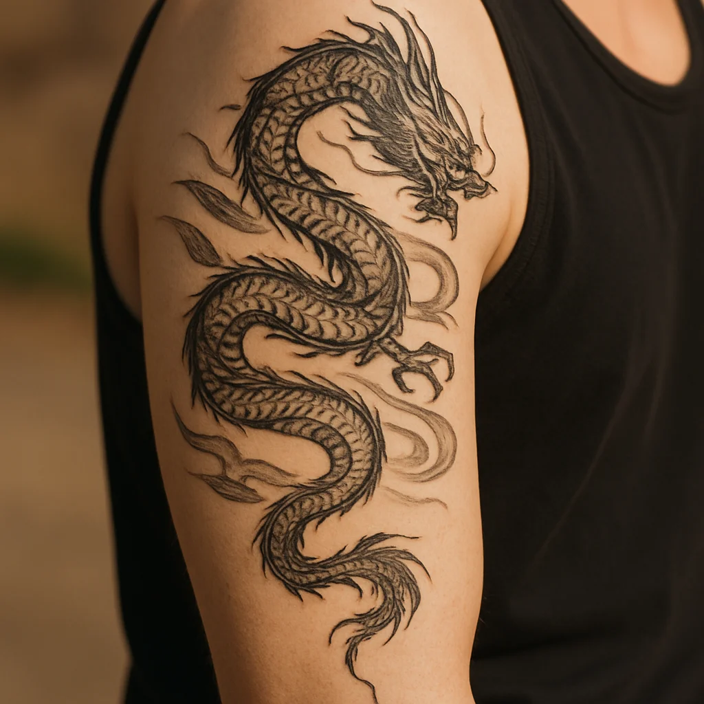 Japanese dragon half sleeve tattoo coiling from shoulder to elbow on a man's upper arm
