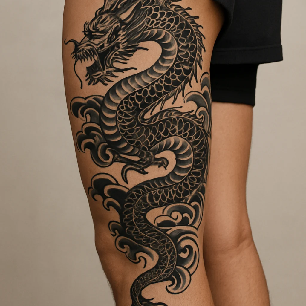 Japanese dragon leg sleeve spiralling from thigh to ankle with wind bars and waves in traditional style