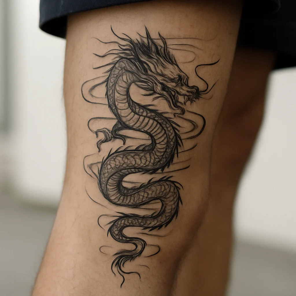Japanese dragon tattoo spiralling around a man's calf with wind bar background