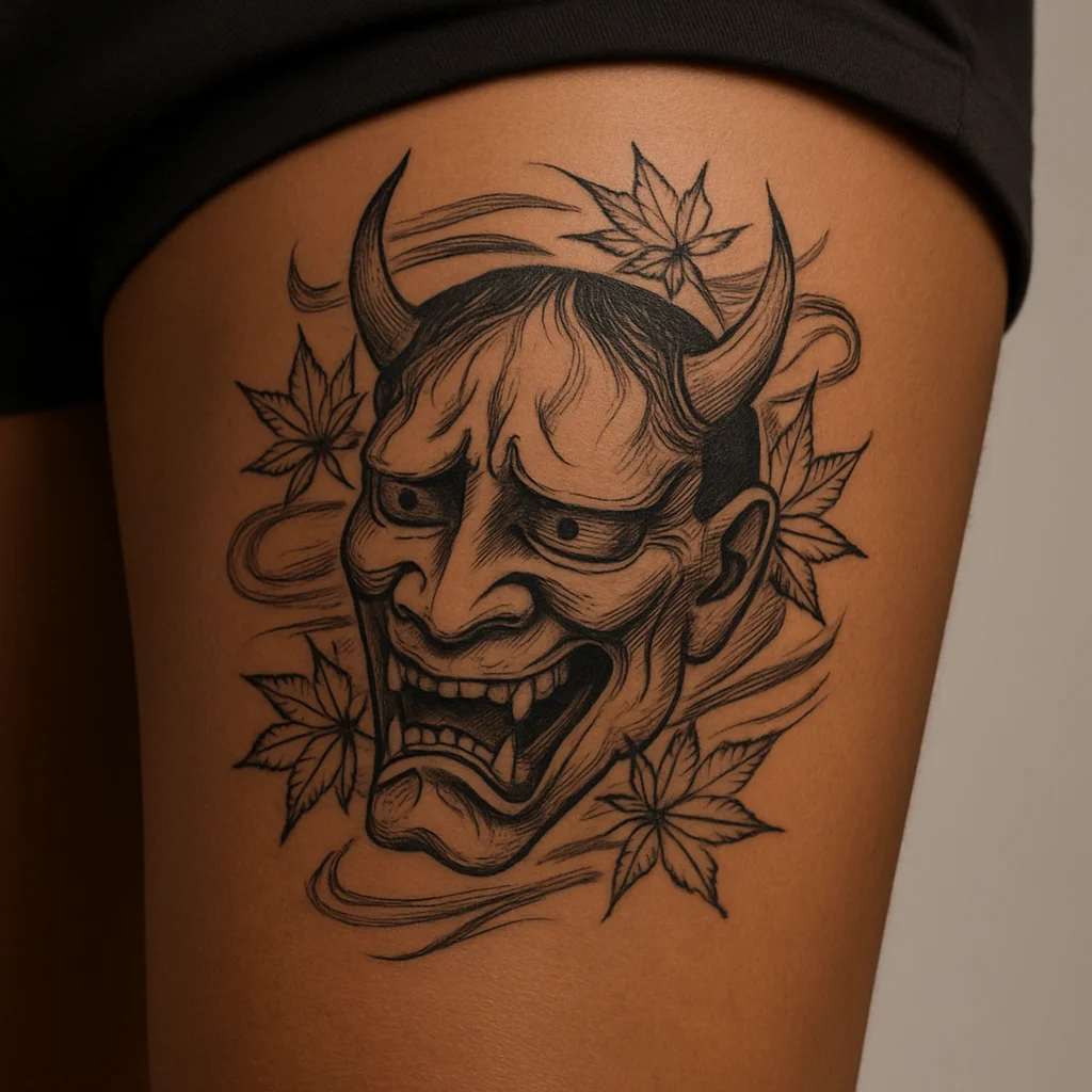 Japanese hannya mask tattoo framed by maple leaves on a man's outer thigh