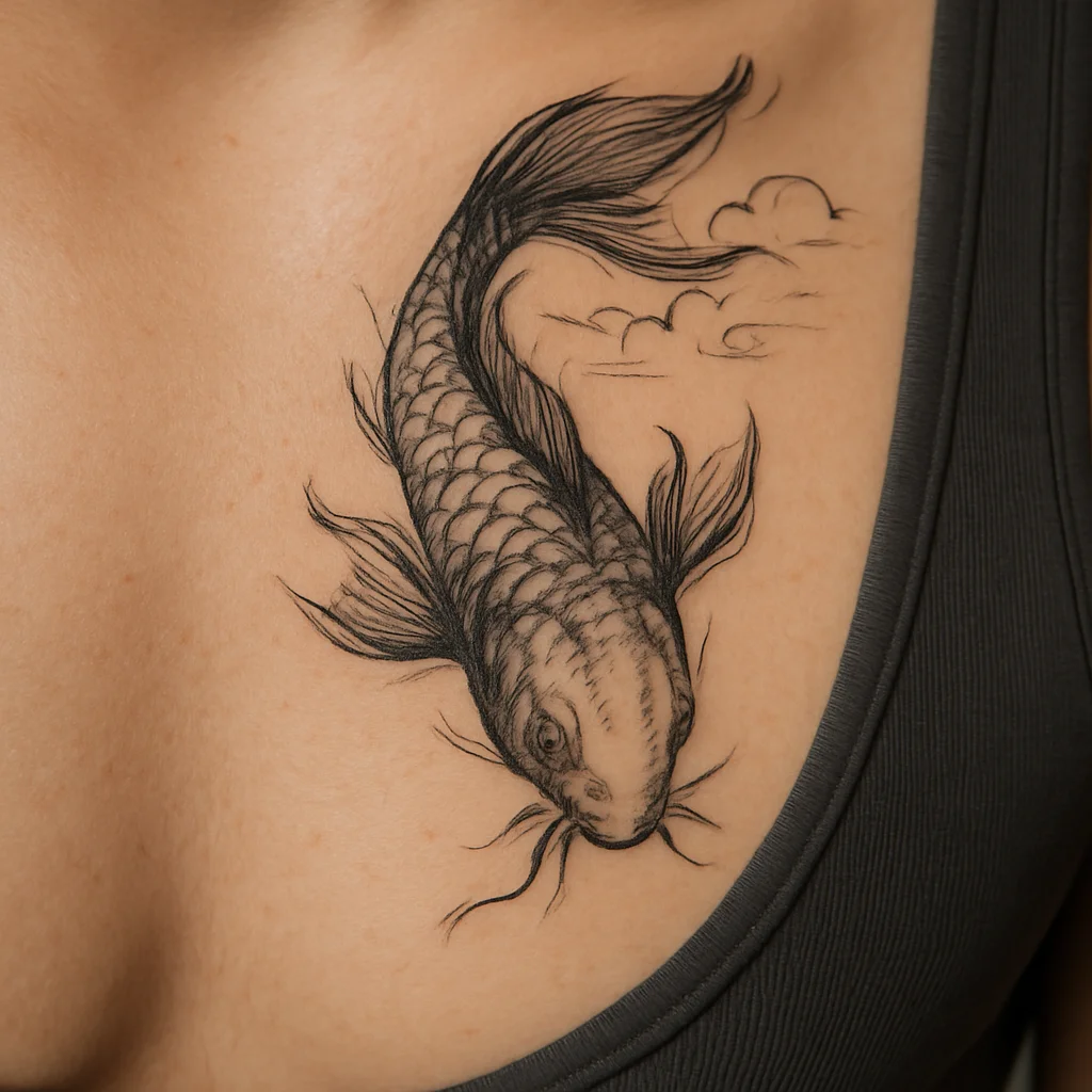 Japanese koi tattoo curving along the pec fold on a man's chest in illustrative style