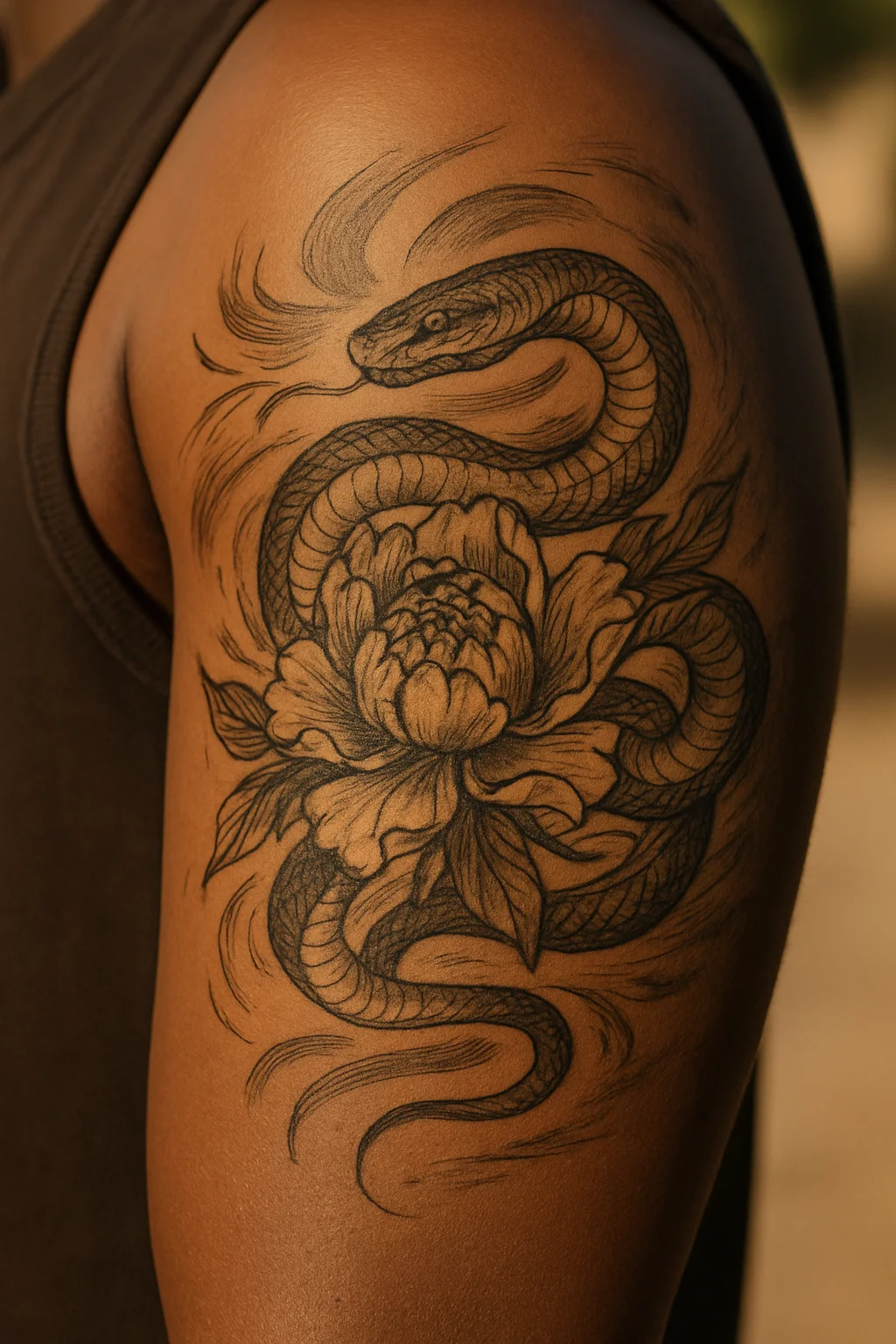 Japanese snake coiled around a peony blossom tattooed on the upper arm in illustrative irezumi style