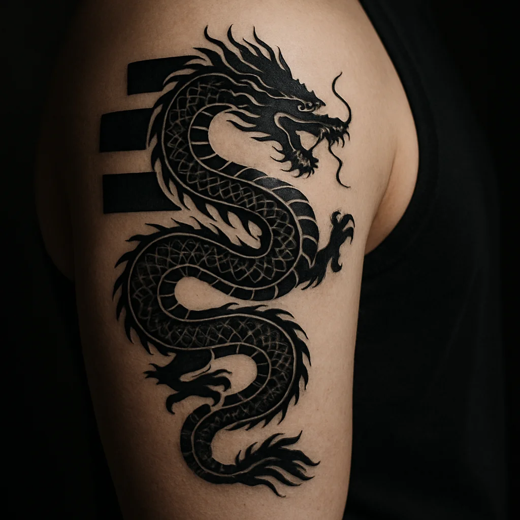 Japanese-style black and grey dragon with bold outlines wrapping the upper arm