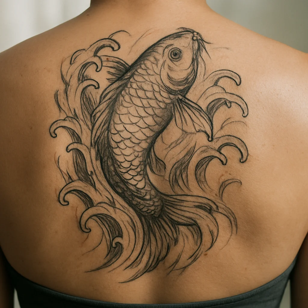 Japanese-style koi and waves tattoo covering a woman's full back
