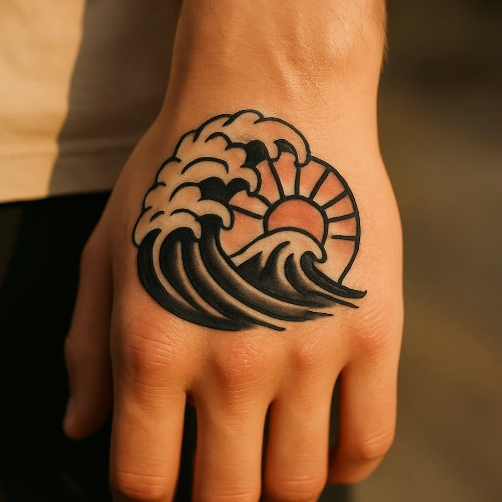 Japanese wave and rising sun panel tattooed as one bold composition on the back of the hand