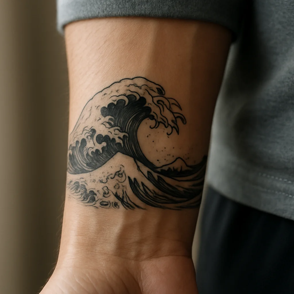 Japanese wave band tattoo circling a man's wrist as the end point of a future sleeve