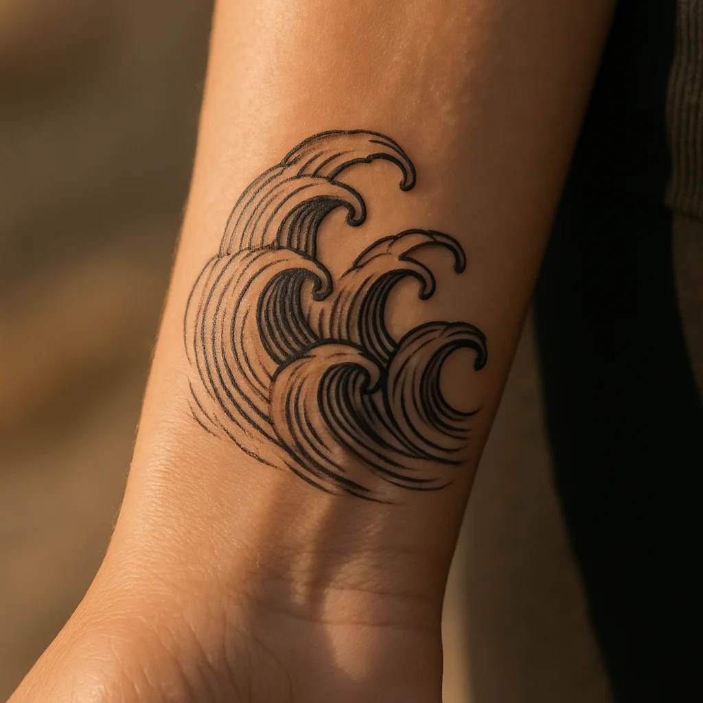 Japanese wave band with curling crests wrapping the lower forearm above the wrist
