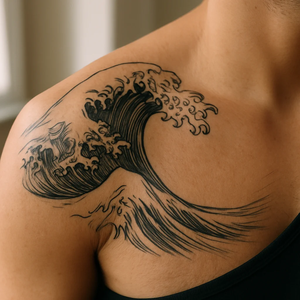 Japanese wave tattoo pouring from the chest over the shoulder toward a sleeve
