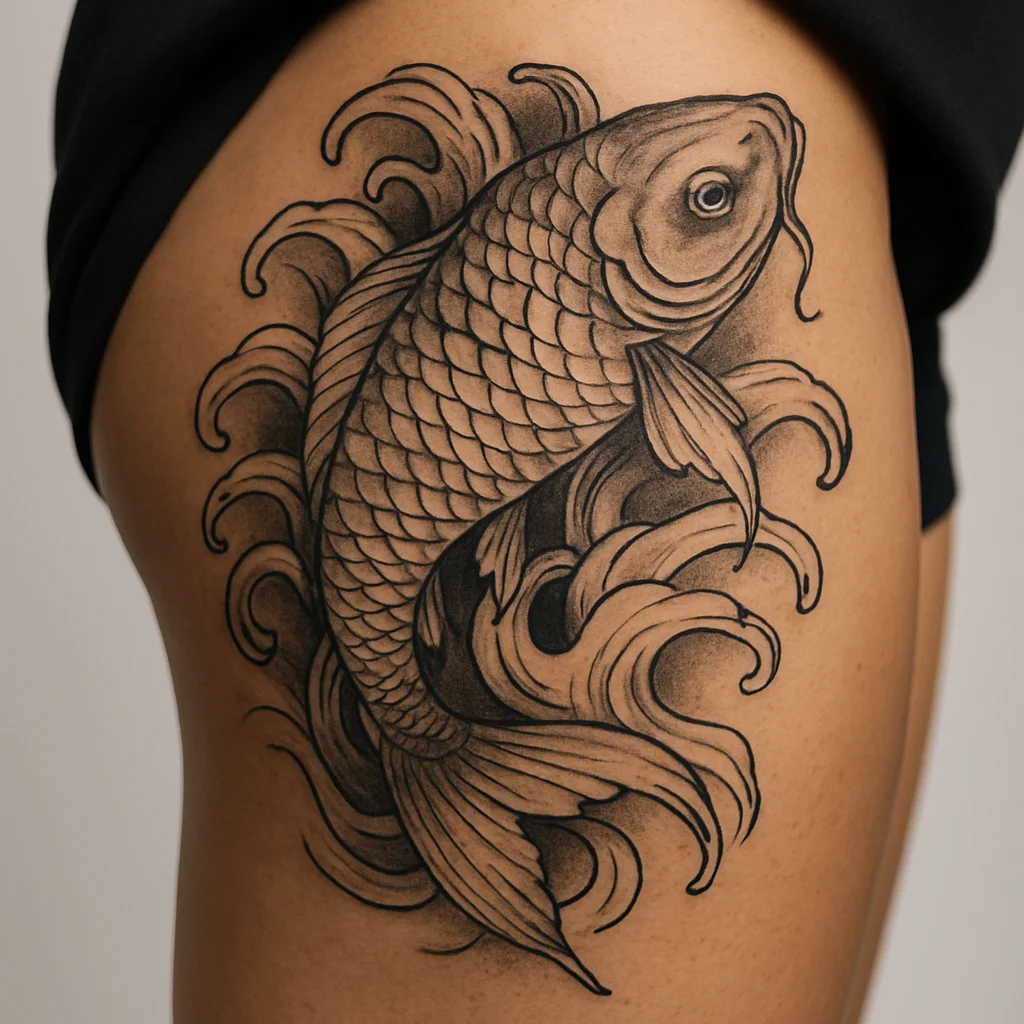 Japanese wave wrap tattoo with koi circling a man's thigh from hip to knee