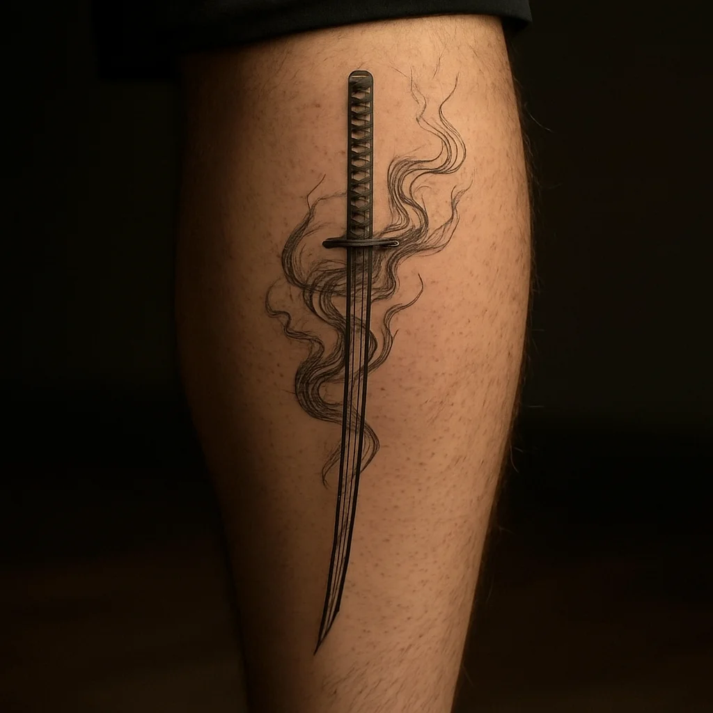 Katana with smoke tattooed vertically down the centre of a man's calf