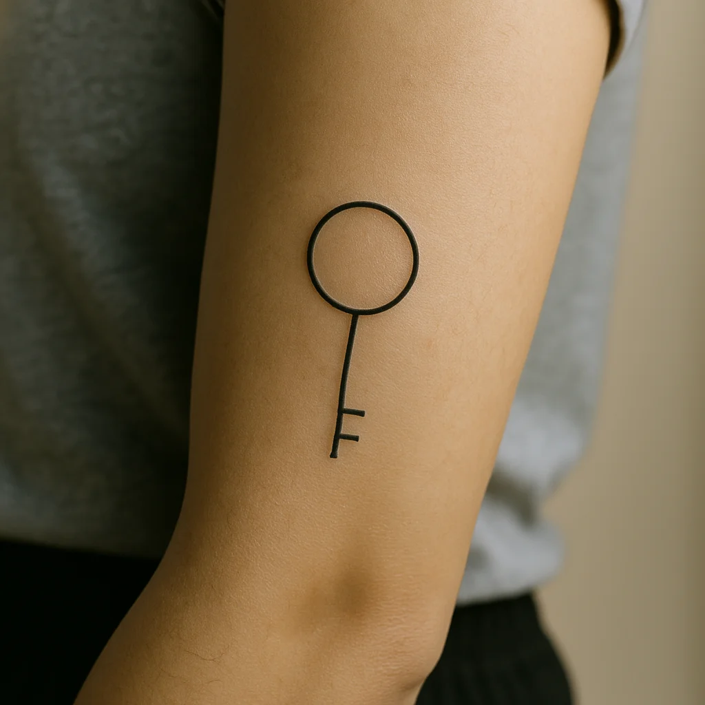 Key reduced to three simple shapes tattooed in minimalist style on the inner forearm