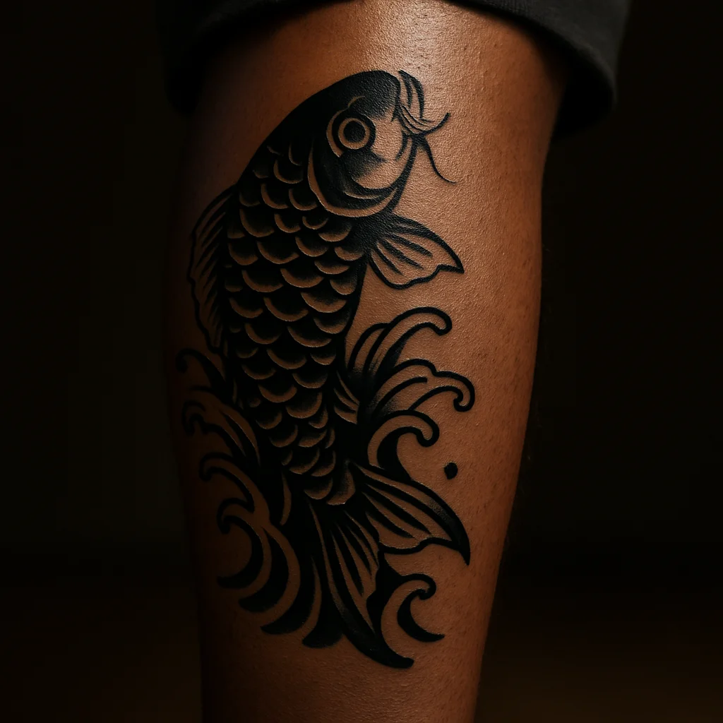 Koi and water lower leg sleeve with the fish swimming upward across the calf in traditional style
