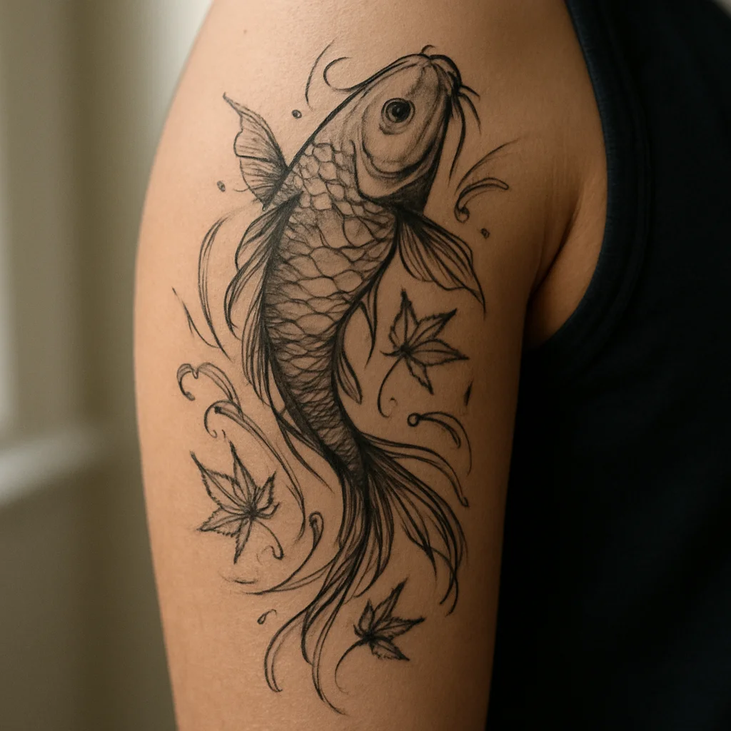 Koi and water wrap with maple leaves circling the upper arm in illustrative style