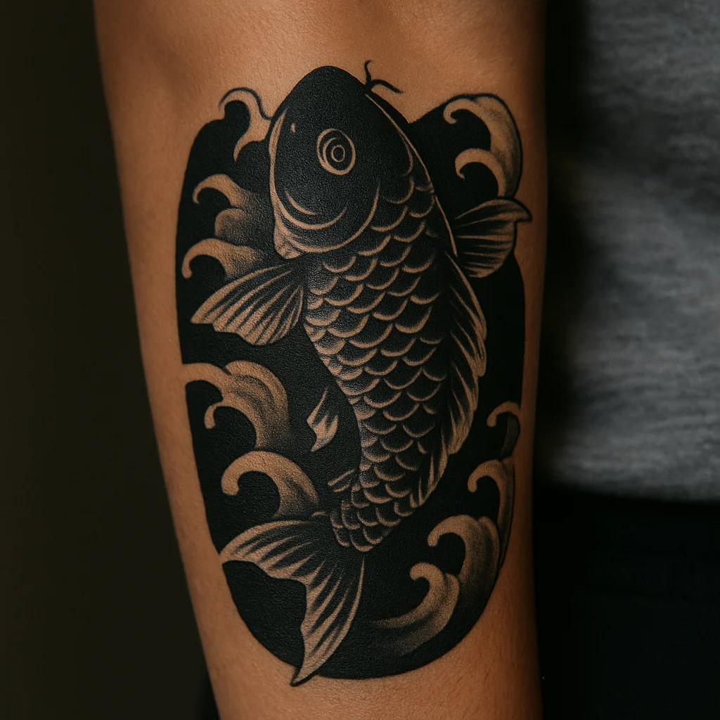 Koi fish and waves with blackout background tattooed on the outer forearm