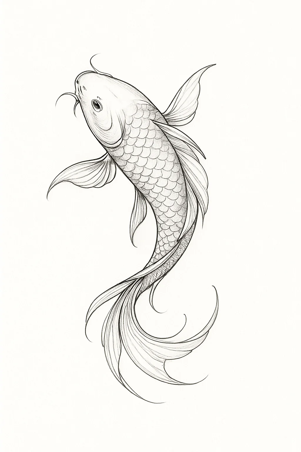 Koi fish curling upward tattoo design, black fine-line flash
