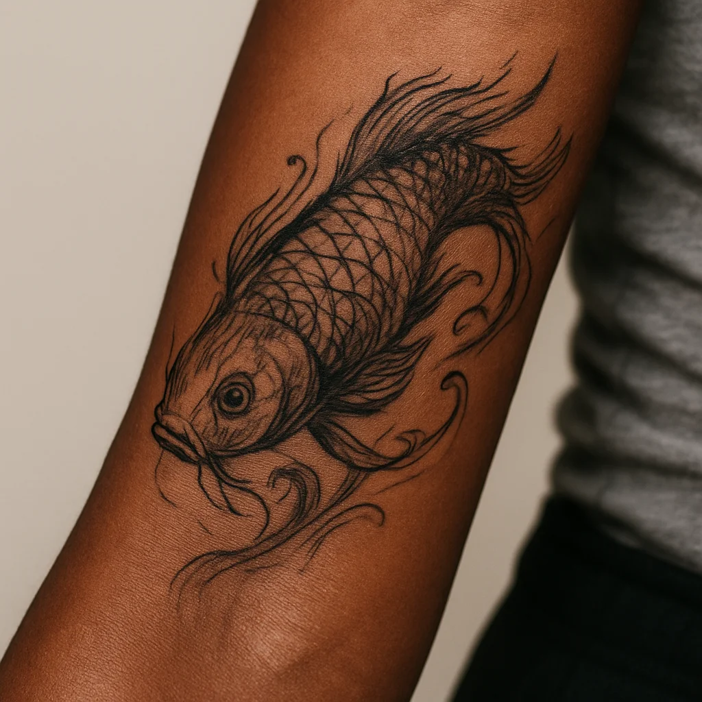 Koi fish tattoo angled diagonally with water lines along a man's inner forearm