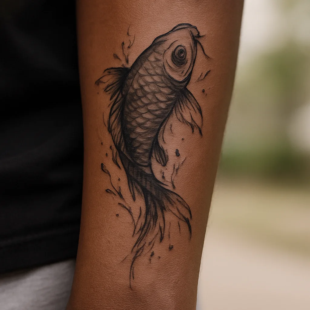 Koi swimming up the outer forearm with water spray tapering to the wrist