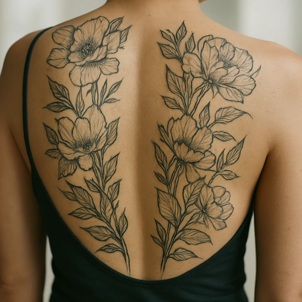 Large botanical back tattoo with negative space along the spine on a woman