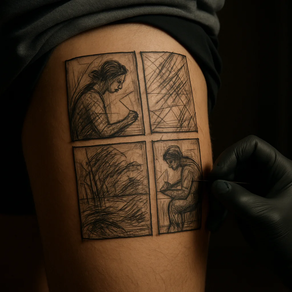 Large freehand stencil layout for an illustrative panel tattoo mapped across a man's thigh