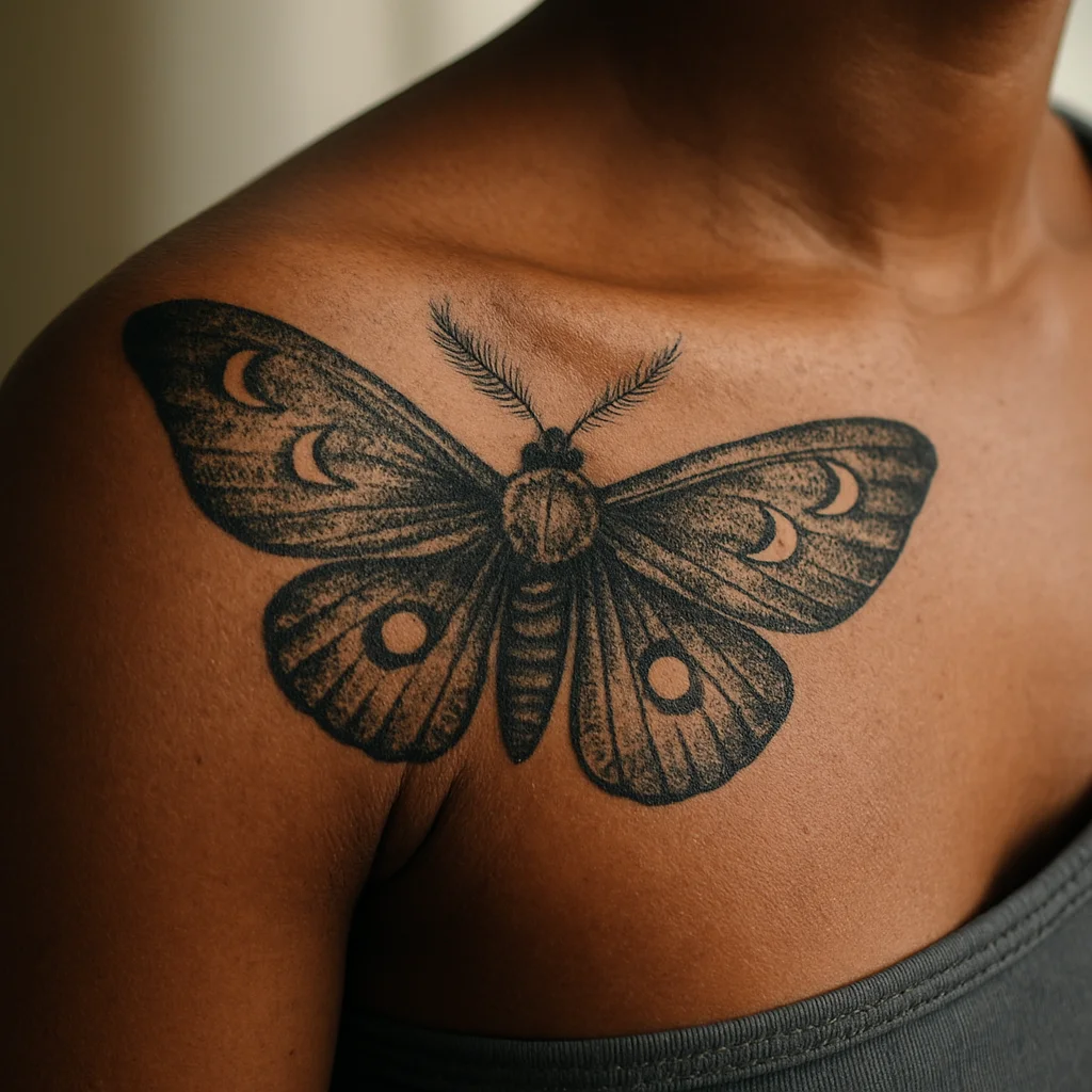 Large moth with dotwork wings and crescent moons spread across the shoulder cap in illustrative style