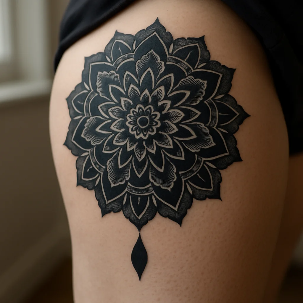 Large ornamental blackwork mandala with dot shading centered on the front of a woman's thigh