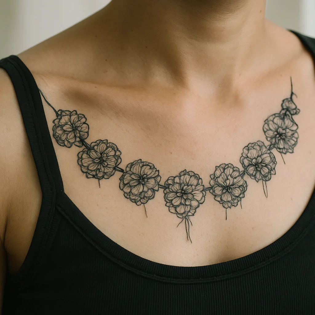 Large strung marigold garland swagging across the chest in illustrative style