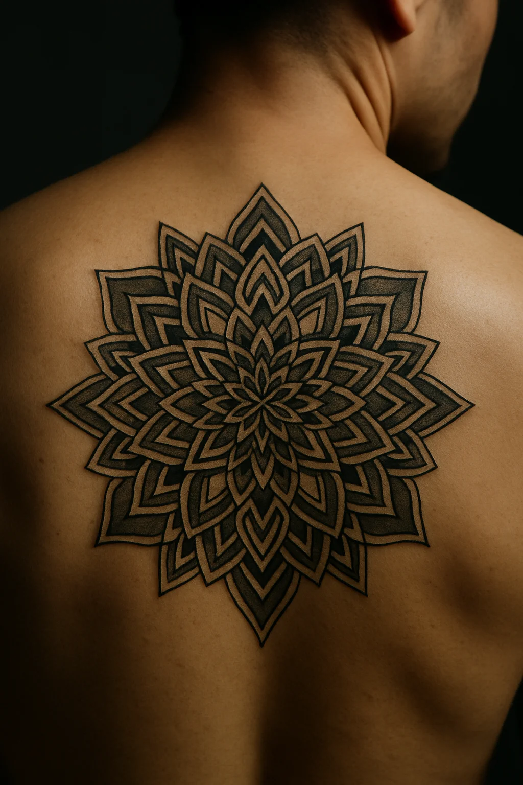 Large symmetrical geometric mandala tattoo spanning a man's upper back