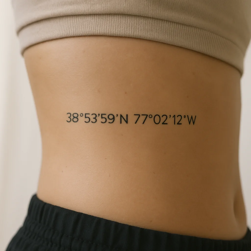 Latitude and longitude coordinates tattooed in minimalist lettering on the side of the ribcage