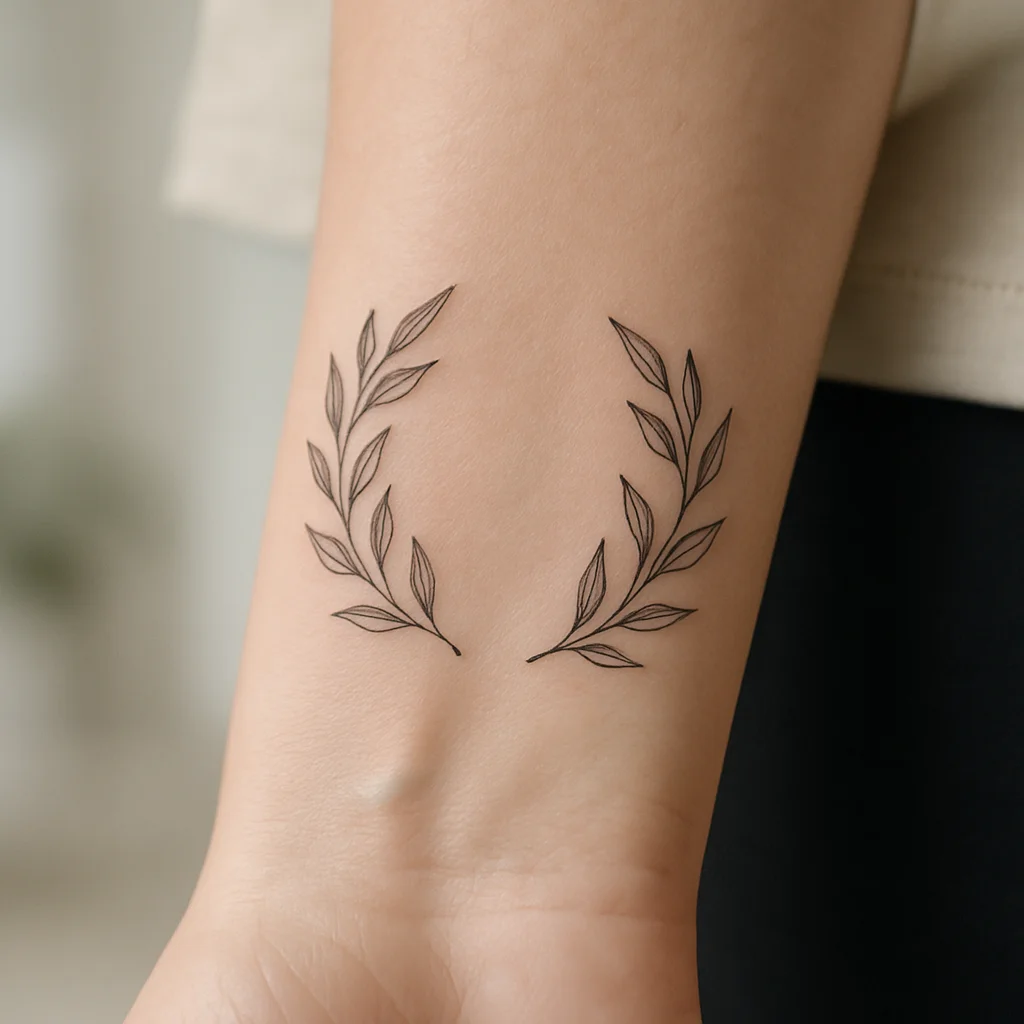 Laurel cuff tattoo with open gap in fine-line style wrapping the wrist