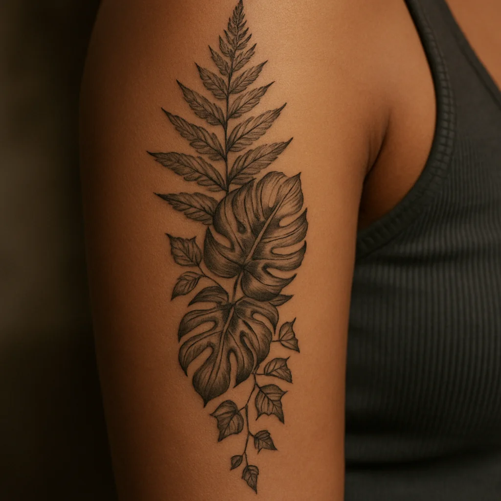 Layered fern, monstera and ivy foliage column with grey wash shading on the upper arm